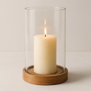 Clear Glass Cylinder with Wooden Base - Airy Candle Display